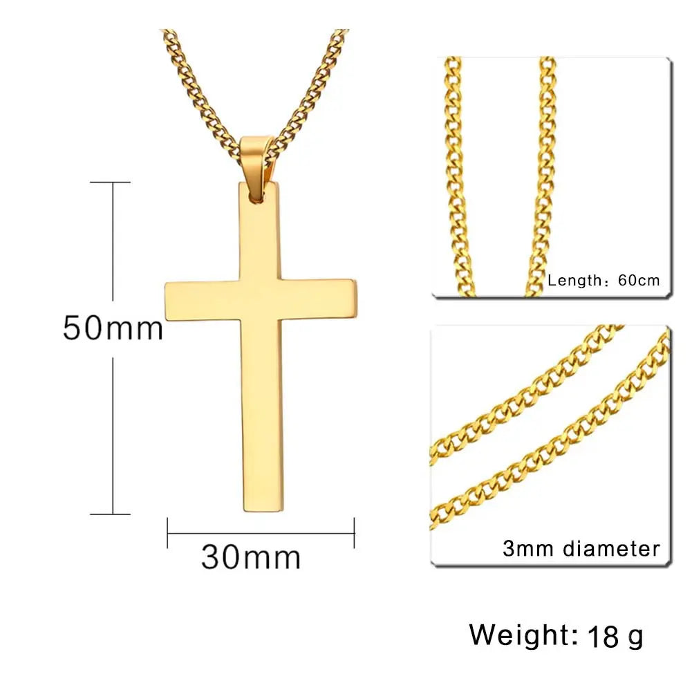 Collar con colgante de cruz grande chapado en oro de acero inoxidable, delicado collar de cruz cristiana grande para hombres y mujeres, joyería de moda