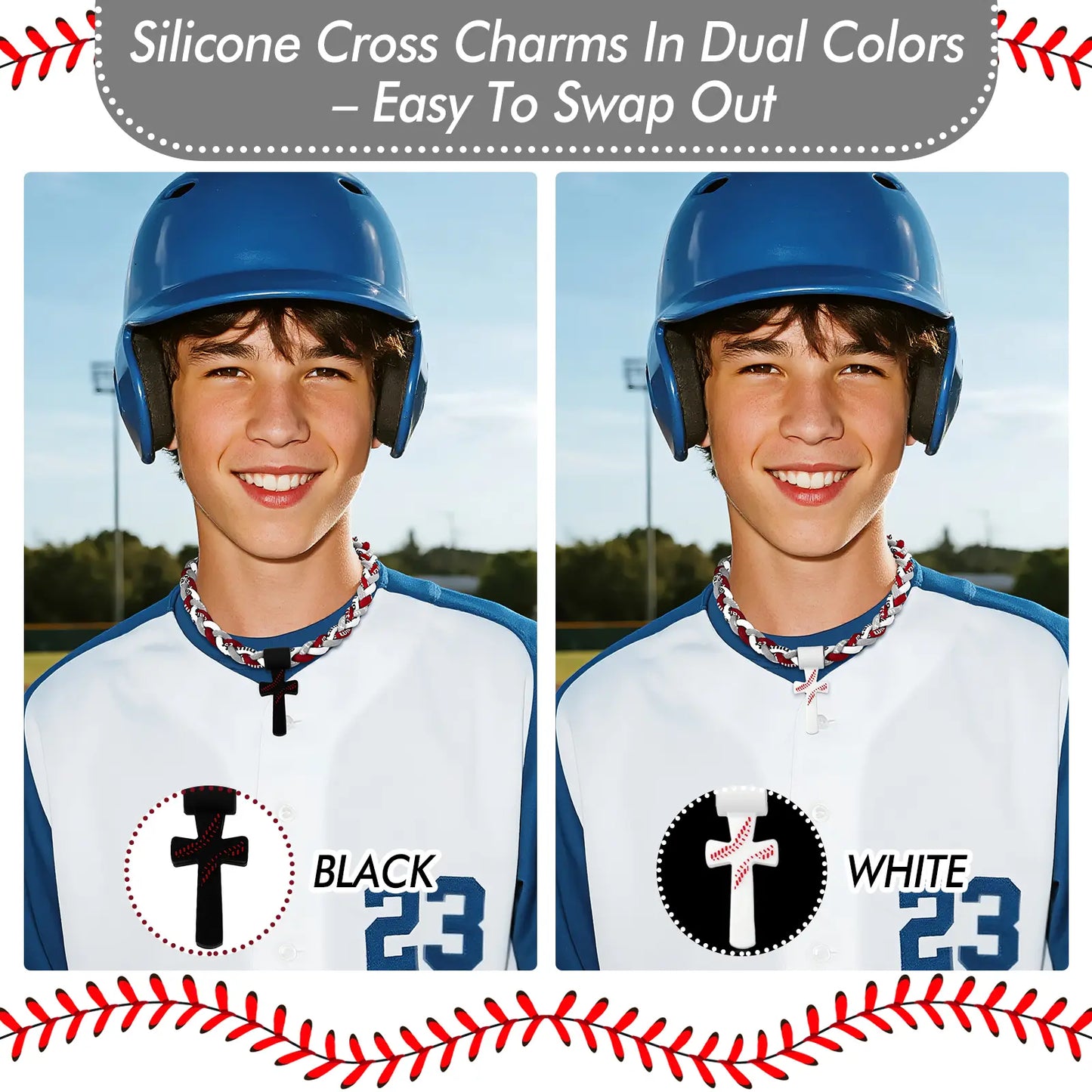 Collares de béisbol para niños de 8 a 12 años, collar deportivo Tornado de triple cuerda con colgante de cruz, joyería de béisbol de silicona suave y cuerda, frase inspiradora "TODO LO PUEDO EN CRISTO QUE ME FORTALECE FIL.4:13", blanco, 18.11 pulgadas