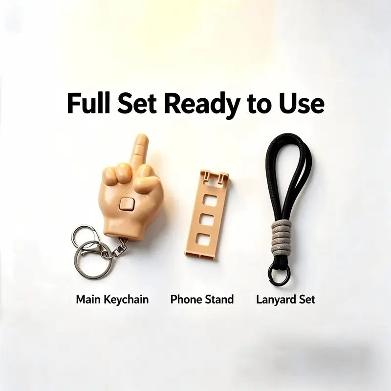 Retractable middle finger prank pendant 3-piece set, press-type keychain with uniquely designed mobile phone holder, personalized backpack pendant suitable for daily use
