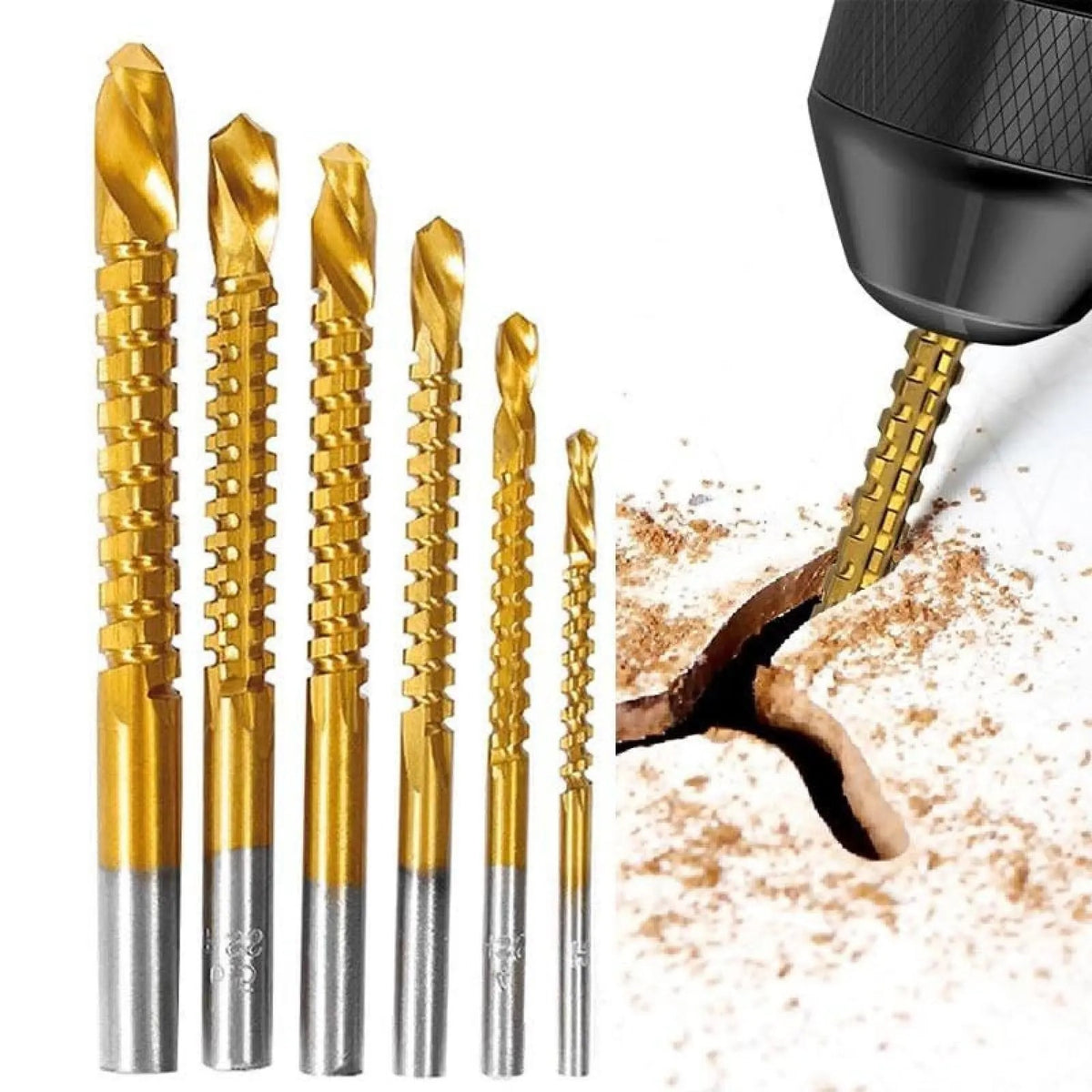 6-Pack Titanium-Plated High-Speed Steel Power Drill Bits Set, Straight Shank Durable Construction, Wear-Resistant Titanium Coating for Wood & Plastic Drilling, Drilling Only Not for Cutting Drillbits Metal Drill Bits