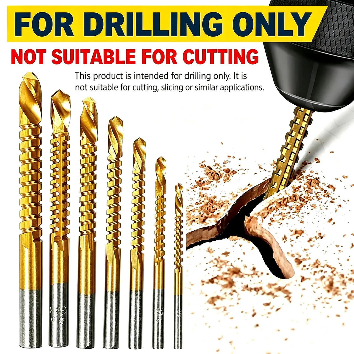 6-Pack Titanium-Plated High-Speed Steel Power Drill Bits Set, Straight Shank Durable Construction, Wear-Resistant Titanium Coating for Wood & Plastic Drilling, Drilling Only Not for Cutting Drillbits Metal Drill Bits