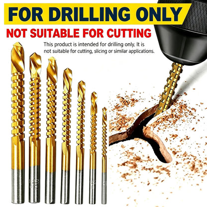 6-Pack Titanium-Plated High-Speed Steel Power Drill Bits Set, Straight Shank Durable Construction, Wear-Resistant Titanium Coating for Wood & Plastic Drilling, Drilling Only Not for Cutting Drillbits Metal Drill Bits