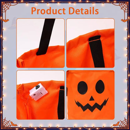 3/4 Pcs Halloween Candy Bucket with LED Lights, 13.39x8.66 Inch Trick or Treat Bags Non Woven Gift Bags Pumpkin Candy Bags Reusable Tote Bags for Kids Students Adults, Night Light Bags for Garden Lawn Decorations, Halloween Christmas Party Favor Supplies