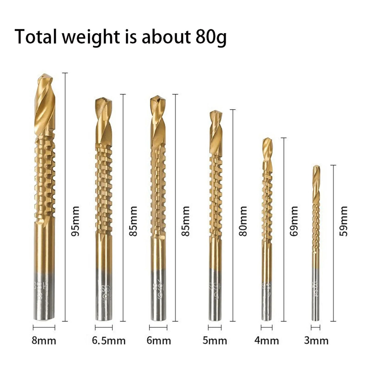 6-Pack Titanium-Plated High-Speed Steel Power Drill Bits Set, Straight Shank Durable Construction, Wear-Resistant Titanium Coating for Wood & Plastic Drilling, Drilling Only Not for Cutting Drillbits Metal Drill Bits