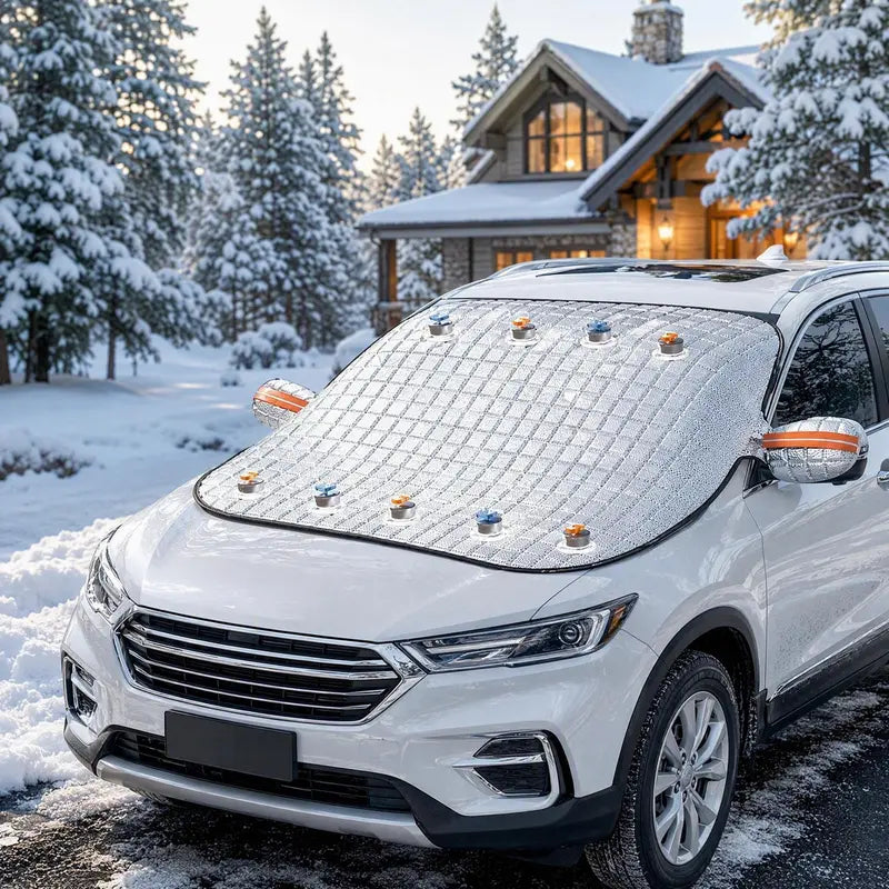 Thick Quilted Car Windshield Snow & Frost Cover, All-Season Waterproof Ice Sun Shield With Mirror Sleeves, Windproof Suction Cup Fixing, Anti-Dust UV Protection For Sedans SUVs Trucks, Skip Daily Morning Ice Scraping
