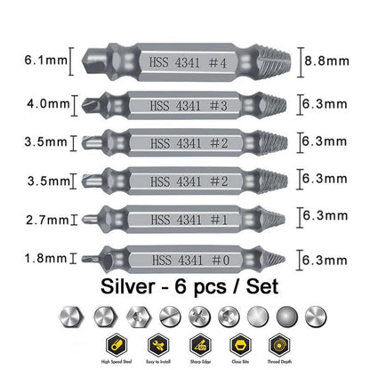 6-Count Broken Screw & Bolt Extractor Set, Double-Head Design Hardware Tool for Broken Bolt Fix, Sliding Tooth Fix & Damaged Screws, Clip-On Bit Power Tool Accessory for Household Repair