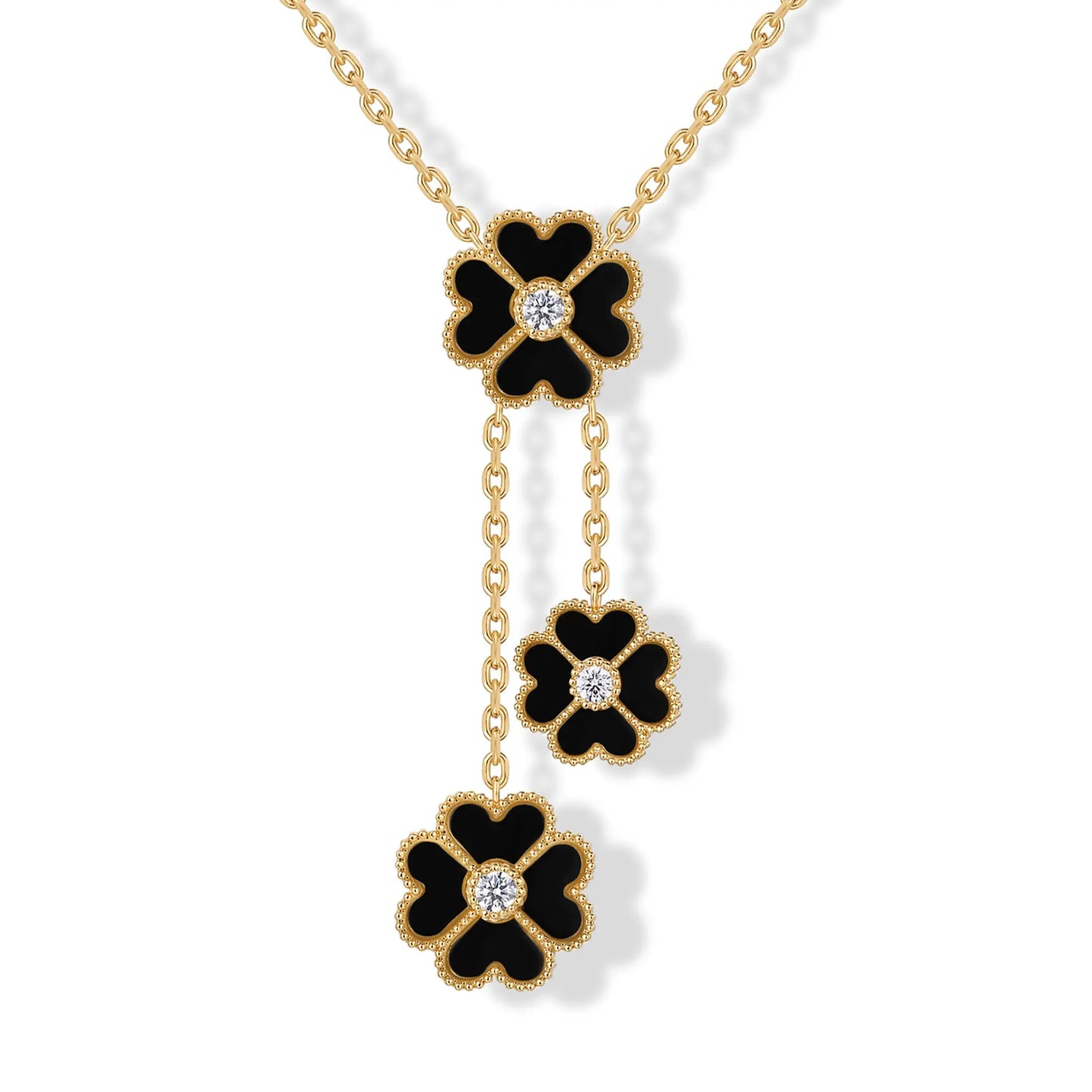 Gold Plated Clover Necklaces for Women - Black Onyx & Mother of Pearl Gemstone Pendant Necklace - Adjustable Chain Hypoallergenic Jewelry Gifts