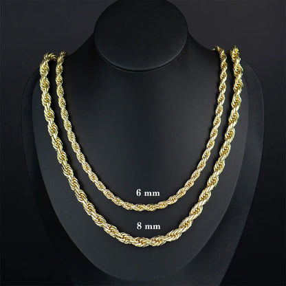 Gold-Plated Rope Chain Necklace for Women and Men,Upgraded Shine, Faceted Cut, Tarnish-Free, Goldstone necklace 6mm/8mm