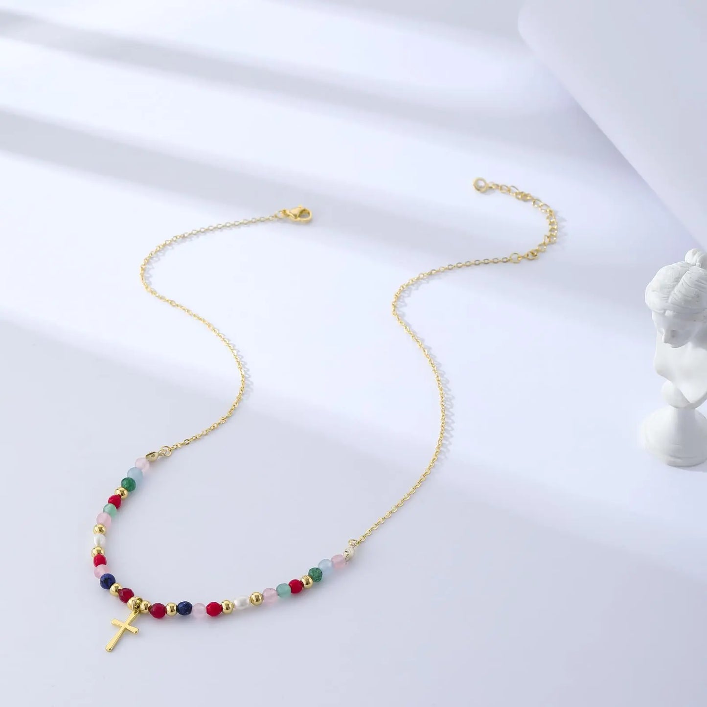 VENOCO Cross Necklace for Women 14K Gold Plated Cross Necklace Trendy Cross Pendant Necklace Cubic Zirconia Cross Box Chain Pearl Beads Link Choker Minimalist Daily Jewelry Gift for Women