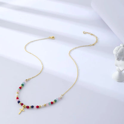 VENOCO Cross Necklace for Women 14K Gold Plated Cross Necklace Trendy Cross Pendant Necklace Cubic Zirconia Cross Box Chain Pearl Beads Link Choker Minimalist Daily Jewelry Gift for Women
