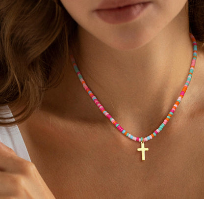 VENOCO Cross Necklace for Women 14K Gold Plated Cross Necklace Trendy Cross Pendant Necklace Cubic Zirconia Cross Box Chain Pearl Beads Link Choker Minimalist Daily Jewelry Gift for Women