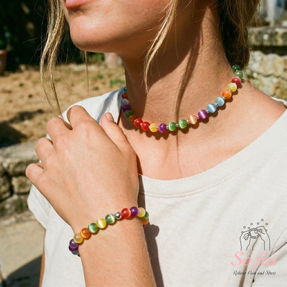 Dopamine Necklace - Rainbow Beaded Choker - UV Reactive Necklace Waterproof - Summer Jewelry Stainless Steel, Stackable tiktokshopspringglowup