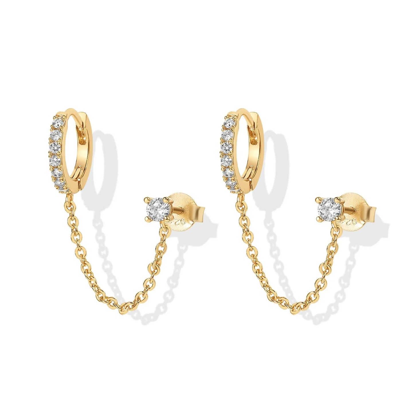 Gold Plated Chain Earrings for Women - Double Piercing Dangle Chain Huggie Hoop Earrings - Cubic Zirconia Single Stud Ear Cuff Earrings for Women