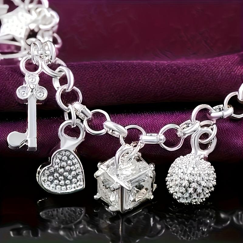 1pc Elegant 925 Sterling Silvery Heart Key Pendant Bracelet,Women's Bracelet,13 Small Pendants,Bohemian Style,Shiny and Exquisite Silvery,Women's Fashion Jewelry Accessories, Suitable for Wife Girlfriend,Fashion Gift,Birthday Gift bangle Statement Piece