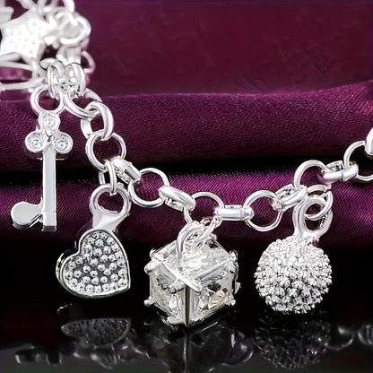 1pc Elegant 925 Sterling Silvery Heart Key Pendant Bracelet,Women's Bracelet,13 Small Pendants,Bohemian Style,Shiny and Exquisite Silvery,Women's Fashion Jewelry Accessories, Suitable for Wife Girlfriend,Fashion Gift,Birthday Gift bangle Statement Piece