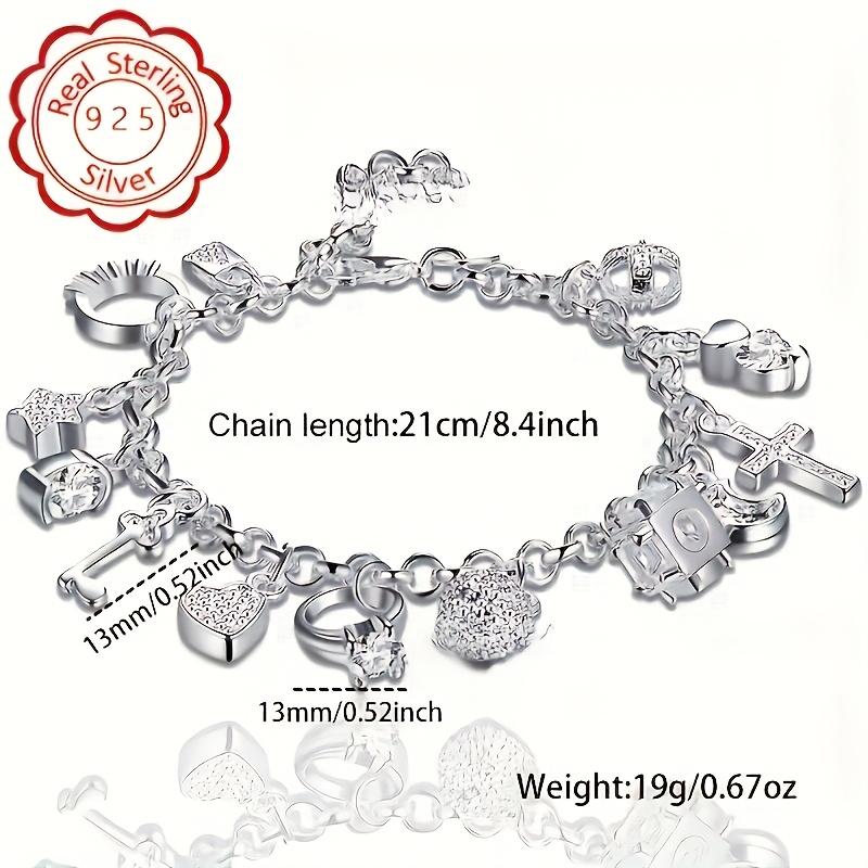 1pc Elegant 925 Sterling Silvery Heart Key Pendant Bracelet,Women's Bracelet,13 Small Pendants,Bohemian Style,Shiny and Exquisite Silvery,Women's Fashion Jewelry Accessories, Suitable for Wife Girlfriend,Fashion Gift,Birthday Gift bangle Statement Piece