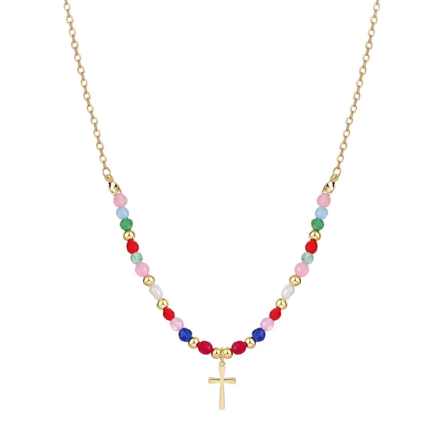 VENOCO Cross Necklace for Women 14K Gold Plated Cross Necklace Trendy Cross Pendant Necklace Cubic Zirconia Cross Box Chain Pearl Beads Link Choker Minimalist Daily Jewelry Gift for Women