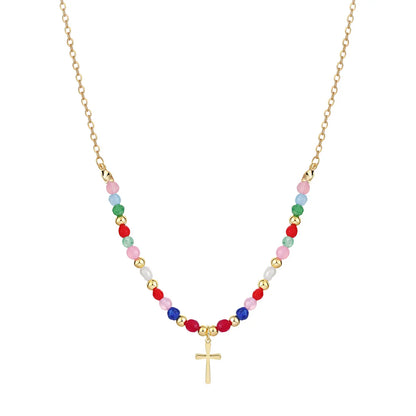 VENOCO Cross Necklace for Women 14K Gold Plated Cross Necklace Trendy Cross Pendant Necklace Cubic Zirconia Cross Box Chain Pearl Beads Link Choker Minimalist Daily Jewelry Gift for Women