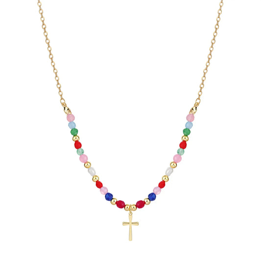 VENOCO Cross Necklace for Women 14K Gold Plated Cross Necklace Trendy Cross Pendant Necklace Cubic Zirconia Cross Box Chain Pearl Beads Link Choker Minimalist Daily Jewelry Gift for Women