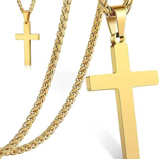 Collar con colgante de cruz grande chapado en oro de acero inoxidable, delicado collar de cruz cristiana grande para hombres y mujeres, joyería de moda