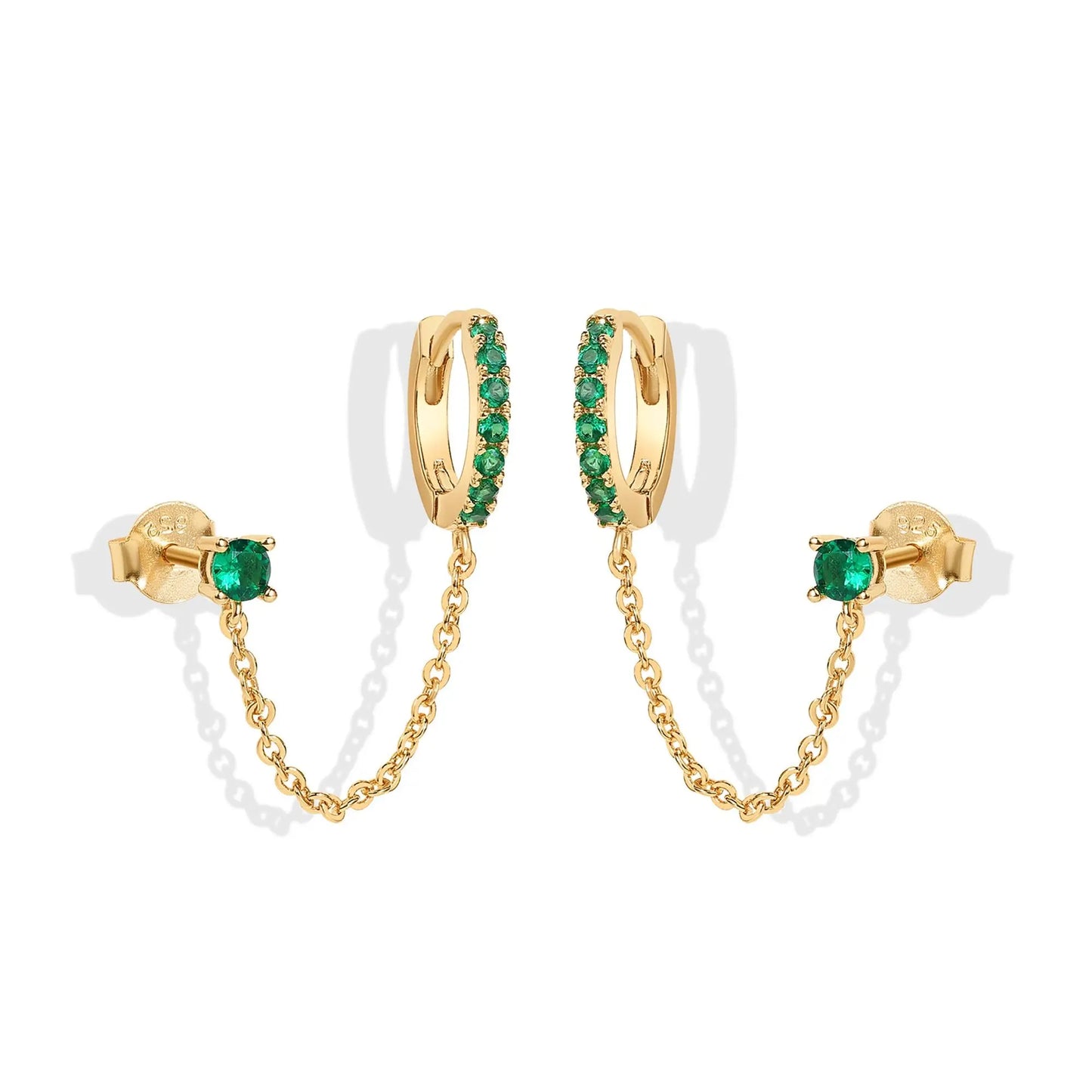 Gold Plated Chain Earrings for Women - Double Piercing Dangle Chain Huggie Hoop Earrings - Cubic Zirconia Single Stud Ear Cuff Earrings for Women