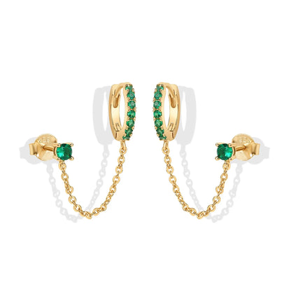 Gold Plated Chain Earrings for Women - Double Piercing Dangle Chain Huggie Hoop Earrings - Cubic Zirconia Single Stud Ear Cuff Earrings for Women