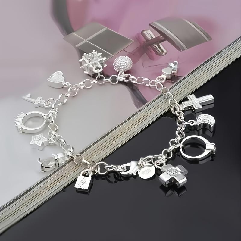 1pc Elegant 925 Sterling Silvery Heart Key Pendant Bracelet,Women's Bracelet,13 Small Pendants,Bohemian Style,Shiny and Exquisite Silvery,Women's Fashion Jewelry Accessories, Suitable for Wife Girlfriend,Fashion Gift,Birthday Gift bangle Statement Piece