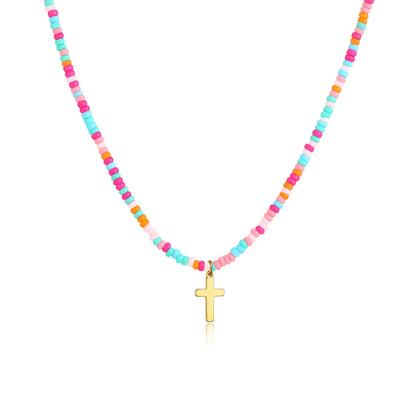 VENOCO Cross Necklace for Women 14K Gold Plated Cross Necklace Trendy Cross Pendant Necklace Cubic Zirconia Cross Box Chain Pearl Beads Link Choker Minimalist Daily Jewelry Gift for Women
