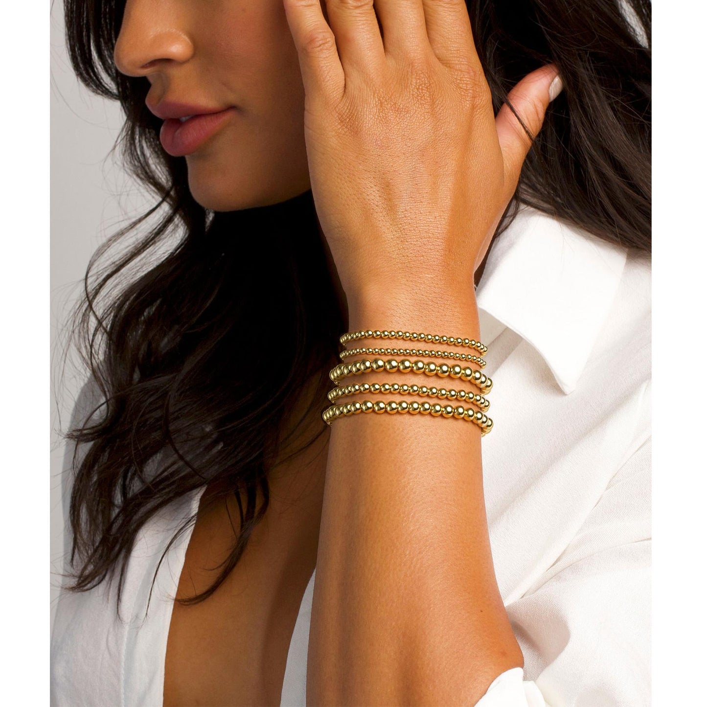 Gold Bracelet for Women Waterproof, Beaded Strand Bead Ball Bracelet stack Adjustable for Gifts