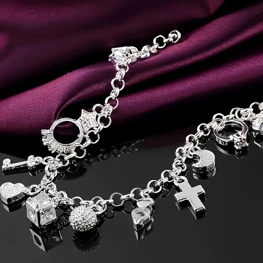 1pc Elegant 925 Sterling Silvery Heart Key Pendant Bracelet,Women's Bracelet,13 Small Pendants,Bohemian Style,Shiny and Exquisite Silvery,Women's Fashion Jewelry Accessories, Suitable for Wife Girlfriend,Fashion Gift,Birthday Gift bangle Statement Piece