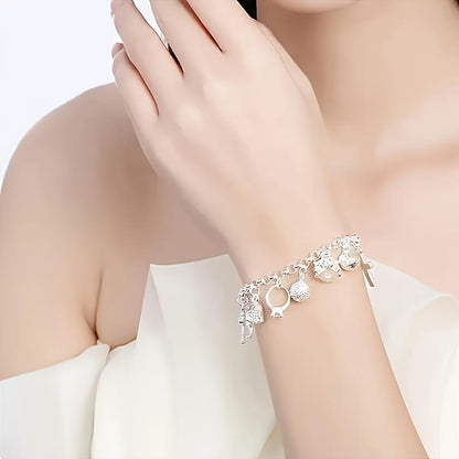 1pc Elegant 925 Sterling Silvery Heart Key Pendant Bracelet,Women's Bracelet,13 Small Pendants,Bohemian Style,Shiny and Exquisite Silvery,Women's Fashion Jewelry Accessories, Suitable for Wife Girlfriend,Fashion Gift,Birthday Gift bangle Statement Piece