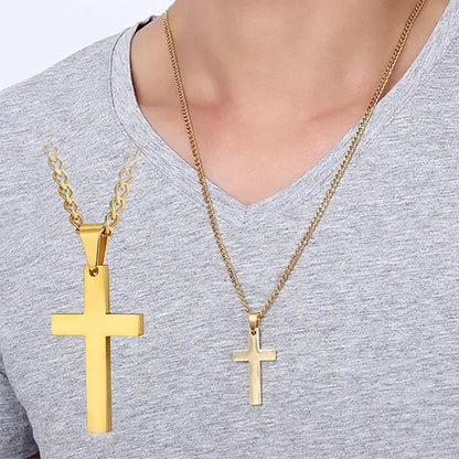 Collar con colgante de cruz grande chapado en oro de acero inoxidable, delicado collar de cruz cristiana grande para hombres y mujeres, joyería de moda