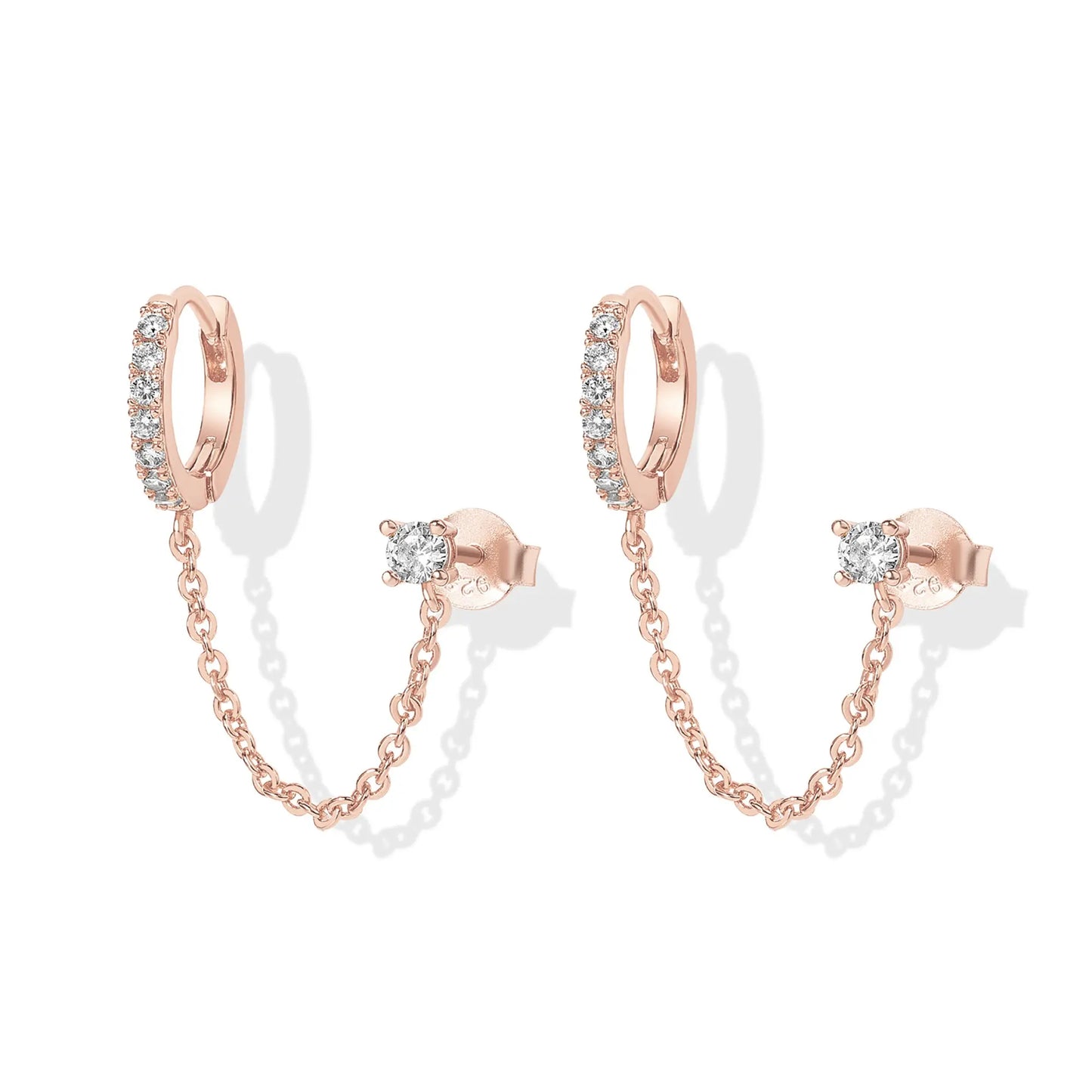 Gold Plated Chain Earrings for Women - Double Piercing Dangle Chain Huggie Hoop Earrings - Cubic Zirconia Single Stud Ear Cuff Earrings for Women