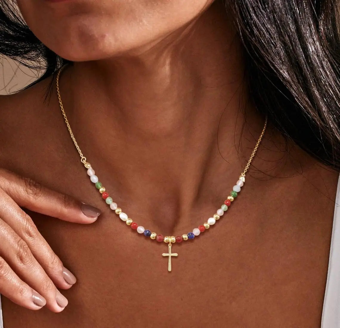VENOCO Cross Necklace for Women 14K Gold Plated Cross Necklace Trendy Cross Pendant Necklace Cubic Zirconia Cross Box Chain Pearl Beads Link Choker Minimalist Daily Jewelry Gift for Women