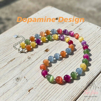 Dopamine Necklace - Rainbow Beaded Choker - UV Reactive Necklace Waterproof - Summer Jewelry Stainless Steel, Stackable tiktokshopspringglowup