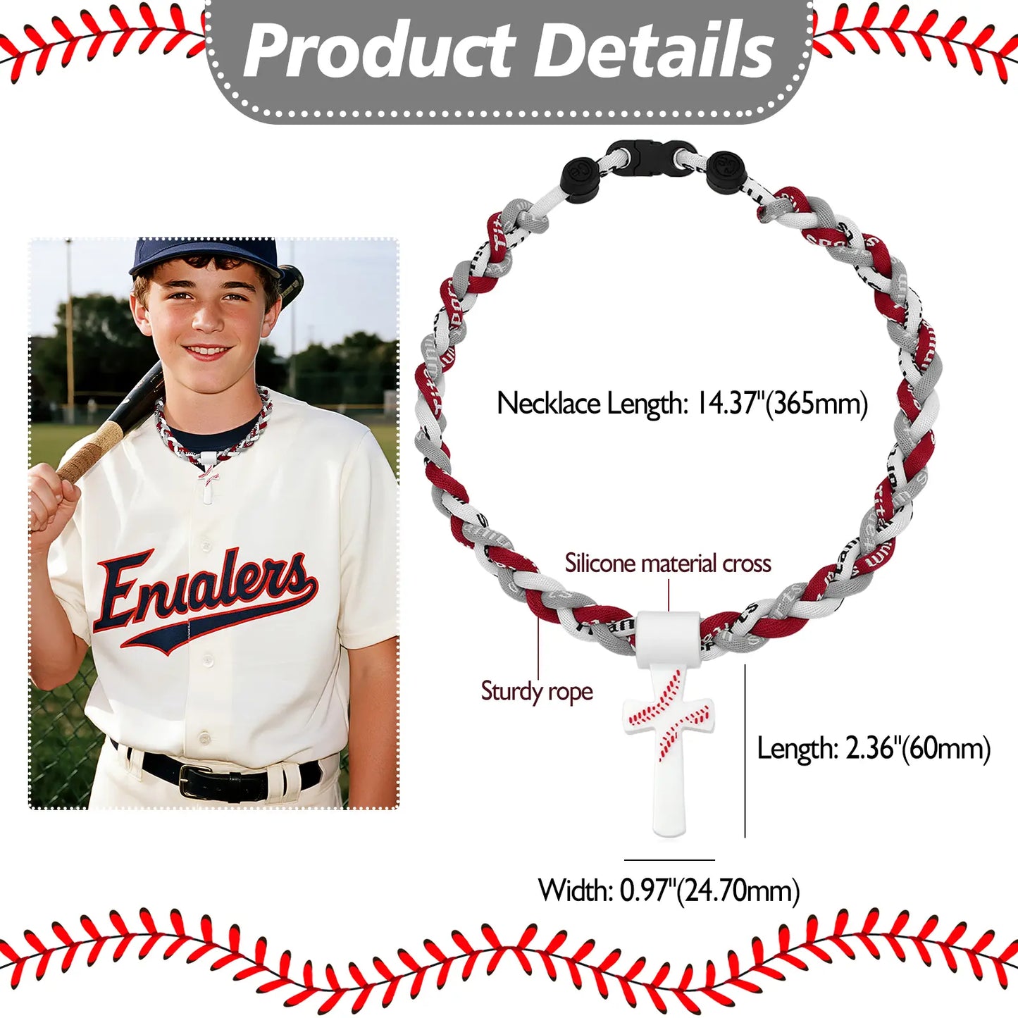 Collares de béisbol para niños de 8 a 12 años, collar deportivo Tornado de triple cuerda con colgante de cruz, joyería de béisbol de silicona suave y cuerda, frase inspiradora "TODO LO PUEDO EN CRISTO QUE ME FORTALECE FIL.4:13", blanco, 18.11 pulgadas