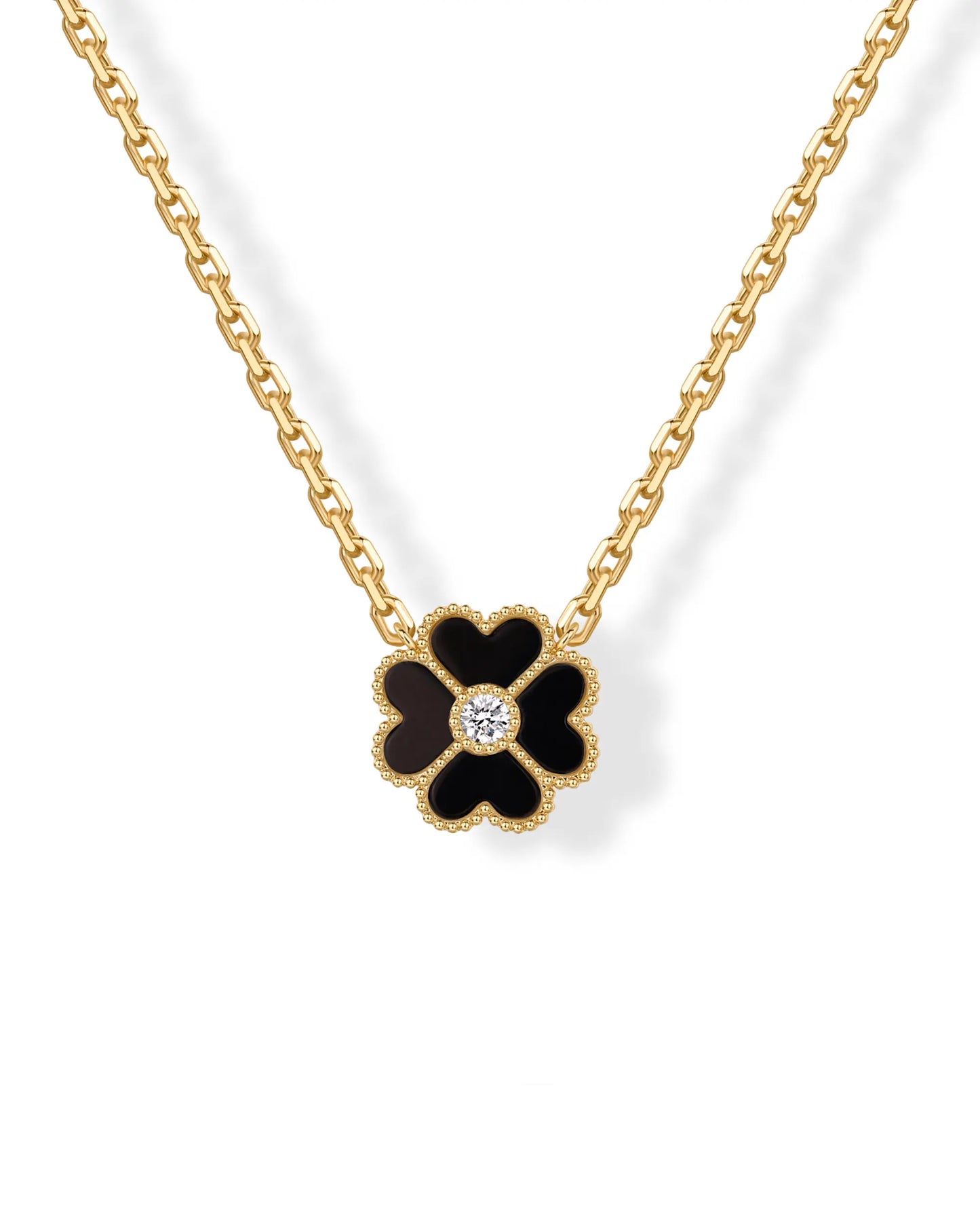 Gold Plated Clover Necklaces for Women - Black Onyx & Mother of Pearl Gemstone Pendant Necklace - Adjustable Chain Hypoallergenic Jewelry Gifts