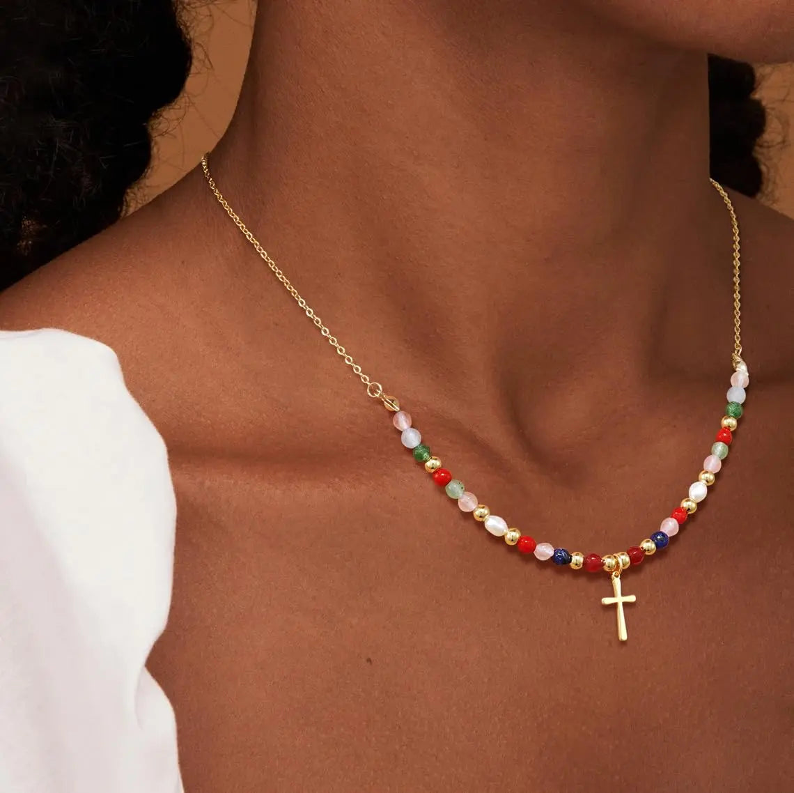 VENOCO Cross Necklace for Women 14K Gold Plated Cross Necklace Trendy Cross Pendant Necklace Cubic Zirconia Cross Box Chain Pearl Beads Link Choker Minimalist Daily Jewelry Gift for Women