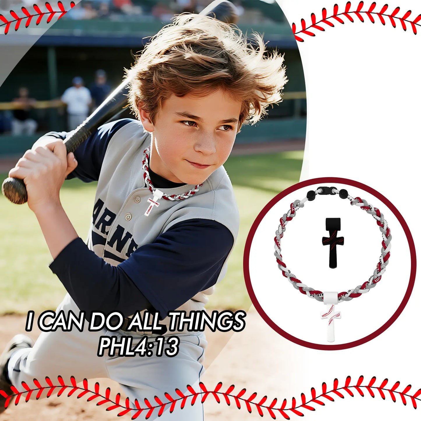 Collares de béisbol para niños de 8 a 12 años, collar deportivo Tornado de triple cuerda con colgante de cruz, joyería de béisbol de silicona suave y cuerda, frase inspiradora "TODO LO PUEDO EN CRISTO QUE ME FORTALECE FIL.4:13", blanco, 18.11 pulgadas