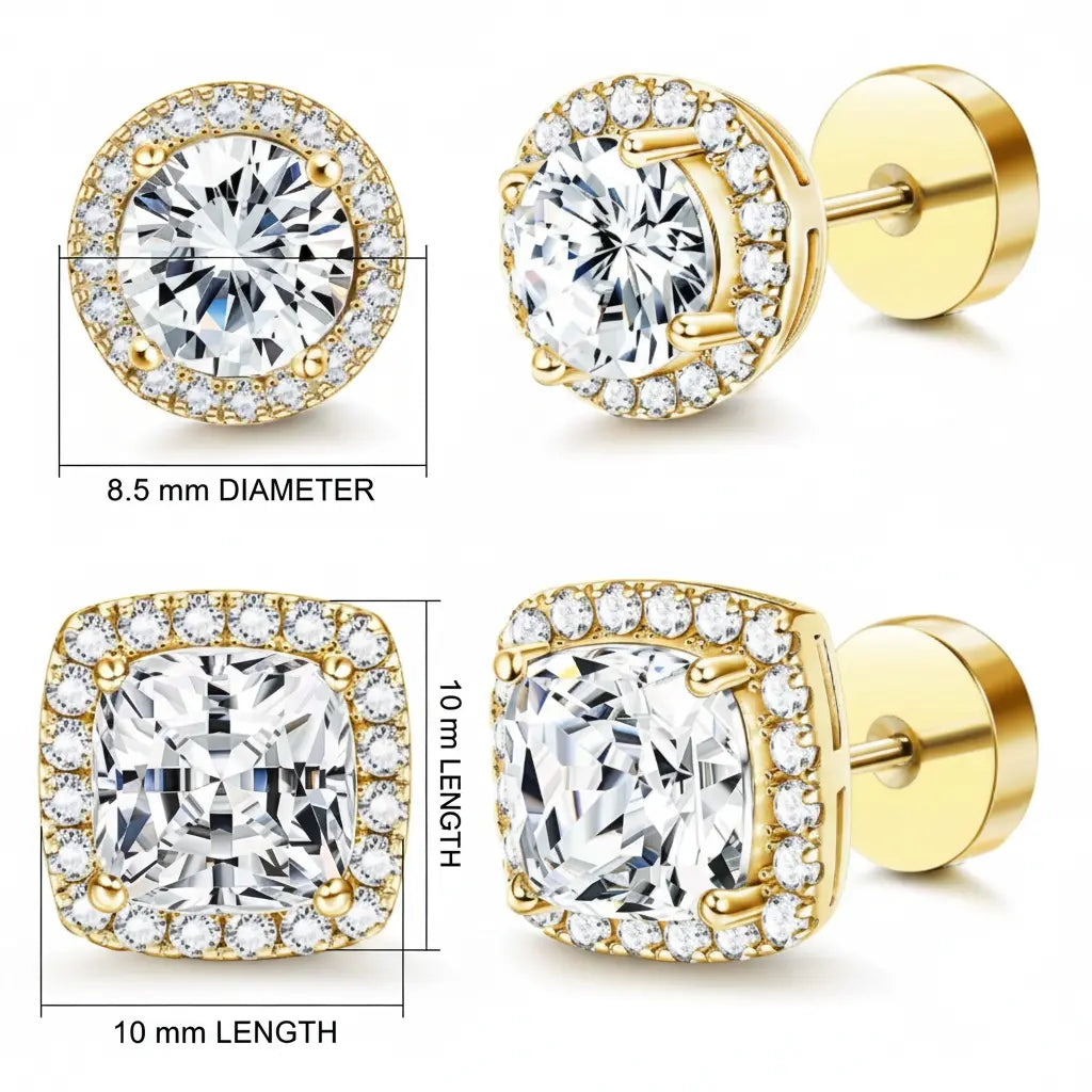 Luxury Halo Earnail 4-piece Set - Gold and Silver Round/Square Style, Low Sensitivity Copper Plated Metal Coating, Comfortable Daily Wear Fashion Accessories, Including Jewelry Box, Women's Birthday Gift