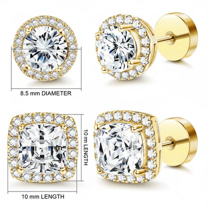 Luxury Halo Earnail 4-piece Set - Gold and Silver Round/Square Style, Low Sensitivity Copper Plated Metal Coating, Comfortable Daily Wear Fashion Accessories, Including Jewelry Box, Women's Birthday Gift