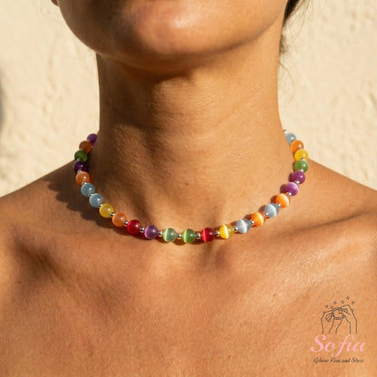 Dopamine Necklace - Rainbow Beaded Choker - UV Reactive Necklace Waterproof - Summer Jewelry Stainless Steel, Stackable tiktokshopspringglowup