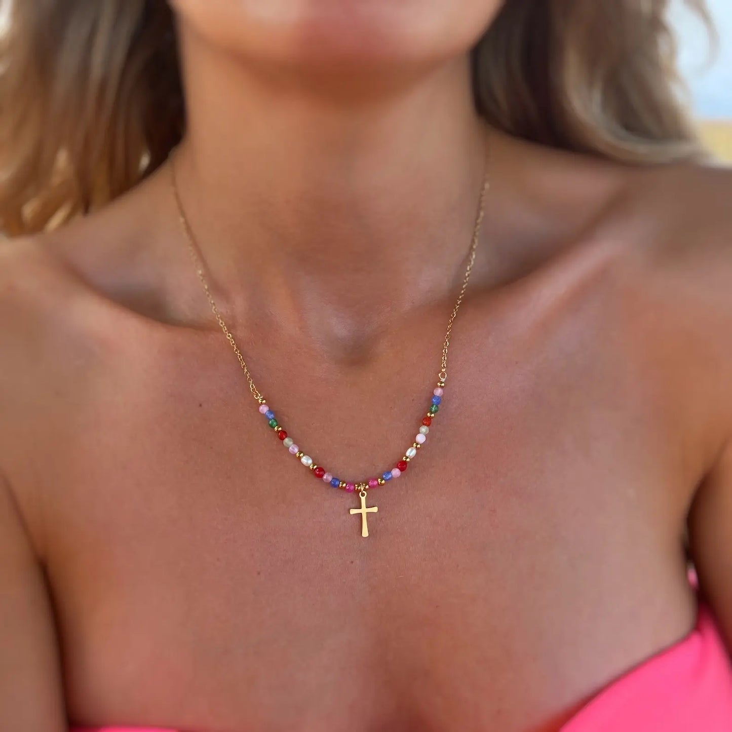 VENOCO Cross Necklace for Women 14K Gold Plated Cross Necklace Trendy Cross Pendant Necklace Cubic Zirconia Cross Box Chain Pearl Beads Link Choker Minimalist Daily Jewelry Gift for Women