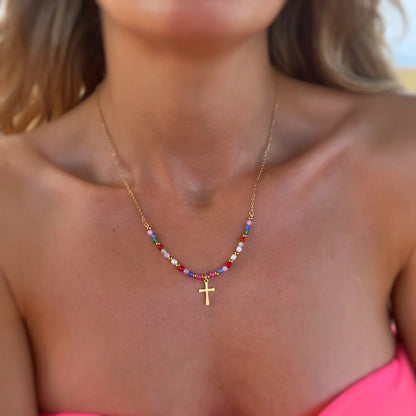 VENOCO Cross Necklace for Women 14K Gold Plated Cross Necklace Trendy Cross Pendant Necklace Cubic Zirconia Cross Box Chain Pearl Beads Link Choker Minimalist Daily Jewelry Gift for Women