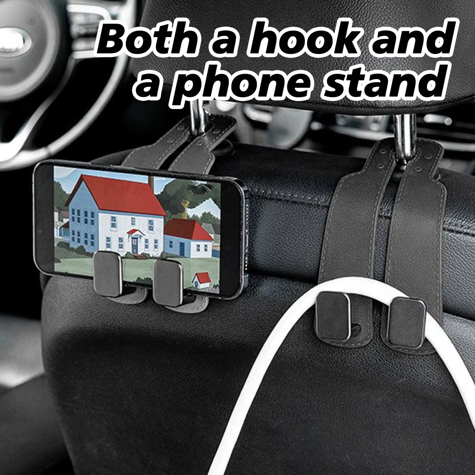 Car seat headrest hook used as phone holder