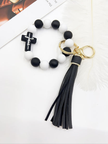 1 Piece Leopard Pattern Tassel Decor Beaded Keychain, Trendy Cute Jewelry for Women & Men, Fashion Accessories, Perfect Gift for Friends
