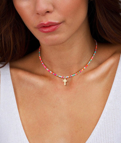 VENOCO Cross Necklace for Women 14K Gold Plated Cross Necklace Trendy Cross Pendant Necklace Cubic Zirconia Cross Box Chain Pearl Beads Link Choker Minimalist Daily Jewelry Gift for Women