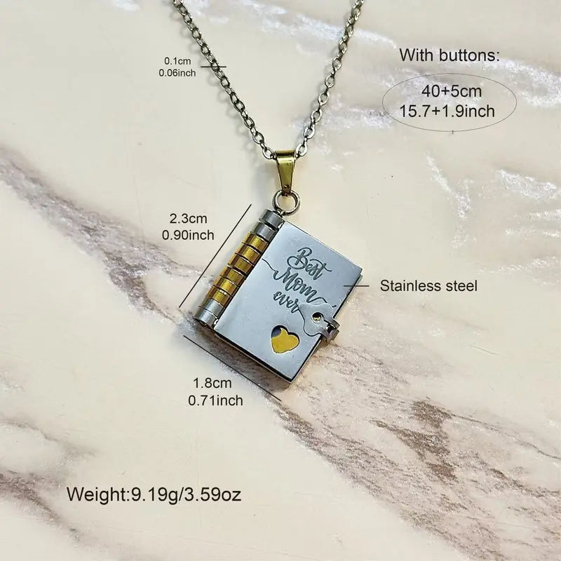 Best Mom Ever Book Necklace—the perfect gift choice for Mother's Day. Featuring a charming book-style design, it is meticulously crafted from rust-resistant 316 titanium steel—an ideal gift for Mom, a daughter, a son, or a loved one.
