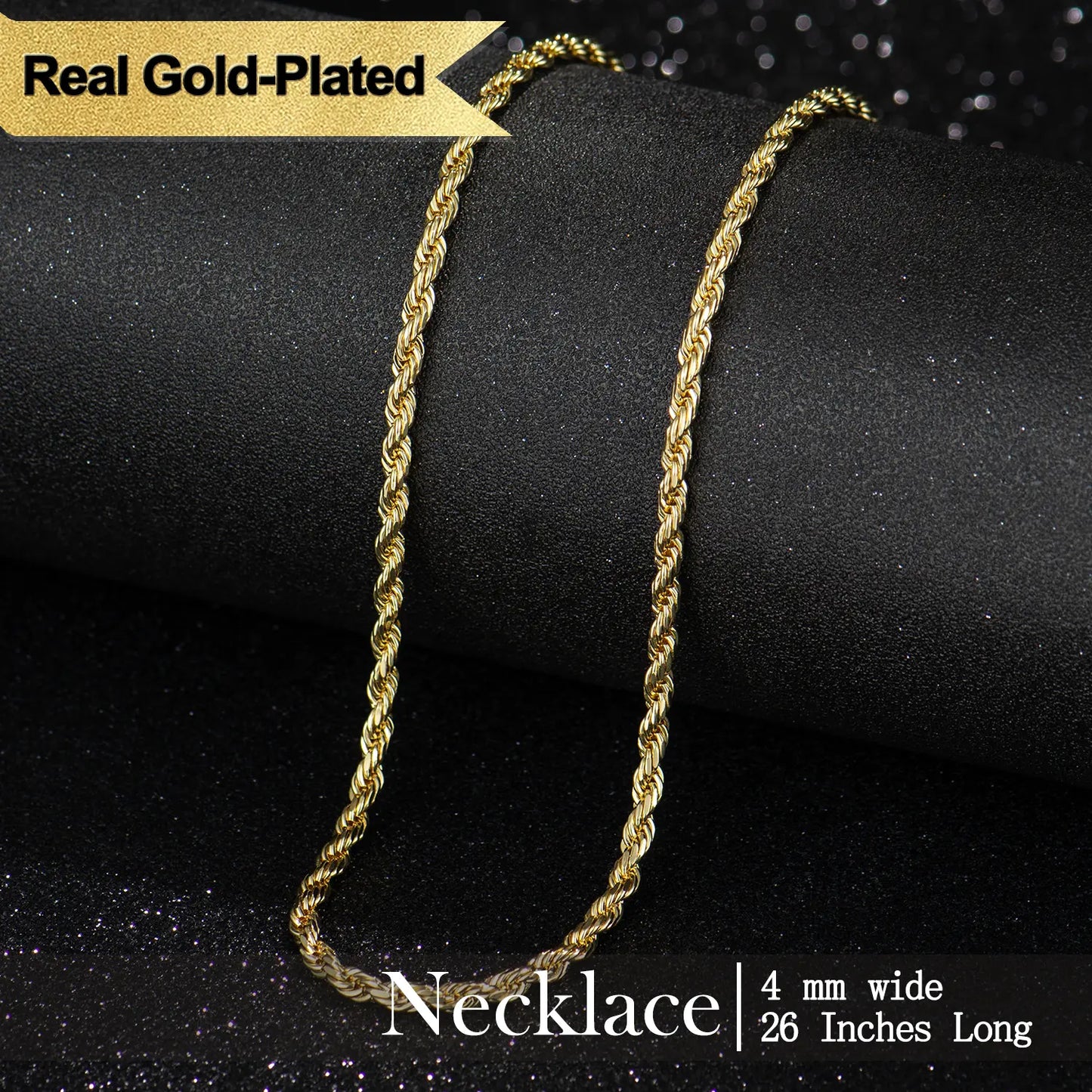 Gold-Plated Rope Chain Necklace for Women and Men,Upgraded Shine, Faceted Cut, Tarnish-Free, Goldstone necklace 6mm/8mm