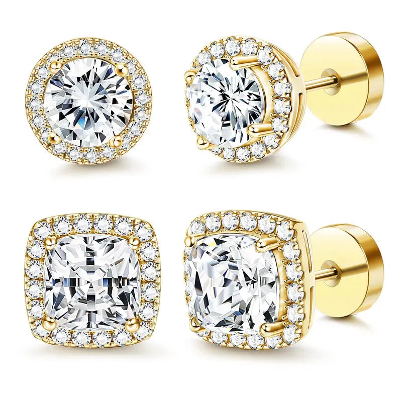 Luxury Halo Earnail 4-piece Set - Gold and Silver Round/Square Style, Low Sensitivity Copper Plated Metal Coating, Comfortable Daily Wear Fashion Accessories, Including Jewelry Box, Women's Birthday Gift